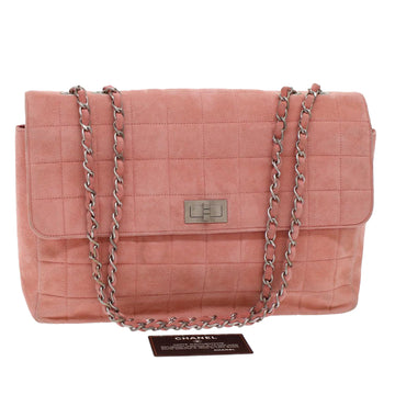 CHANEL Choco Bar Chain Shoulder Bag Suede Pink CC Auth bs7084