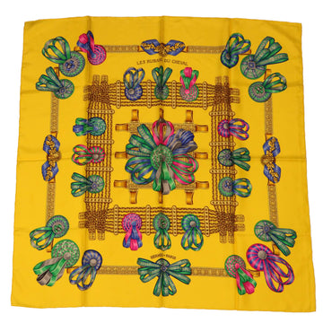 HERMES Carre 90 Scarf �hLES RUBANS DU CHEVAL�h Silk Yellow Auth bs7310