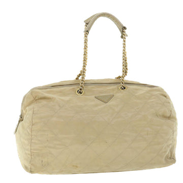 PRADA Quilted Chain Boston Bag Nylon Cream Beige Auth bs7668