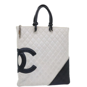 CHANEL Cambon Line Hand Bag Leather White CC Auth bs8221