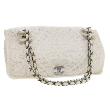 CHANEL Braid Flap Chain Shoulder Bag Cotton White CC Auth bs8243