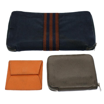 HERMES Wallet Leather Canvas 3Set Navy Orange gray Auth bs8397