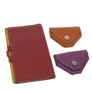 HERMES Planner case Coin Purse Leather 3Set Red Purple Orange Auth bs8502