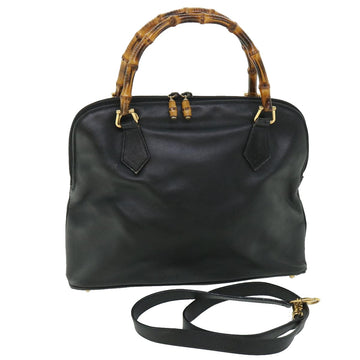 GUCCI Bamboo Hand Bag Leather 2way Black 000 1186 0289 Auth bs8639