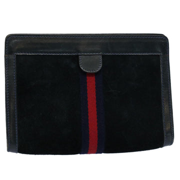 GUCCI Sherry Line Clutch Bag Suede Black Red Navy 37 014 2126 Auth bs9200