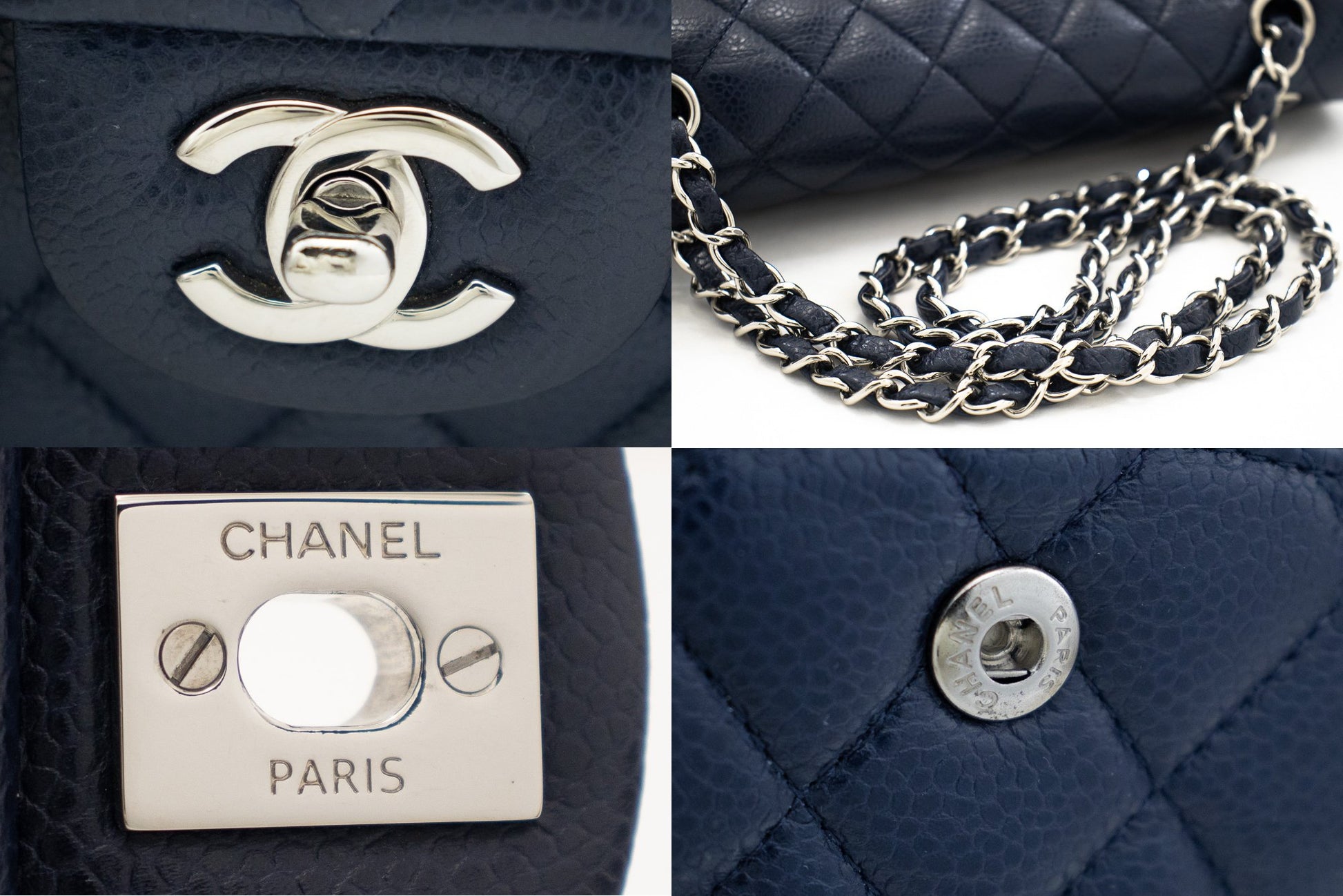 Chanel Navy Caviar Double Flap Chain Shoulder Bag Quilted Leather
