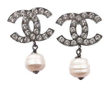 CHANEL Gunmetal CC Crystal Faux Baroque Pearl Dangle Piercing Earrings