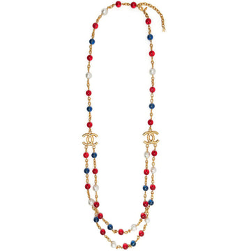 CHANEL Red and Blue Beaded Chain Necklace