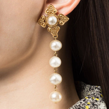 CHANEL Faux-Pearl Cross Drop Clip-on Earrings