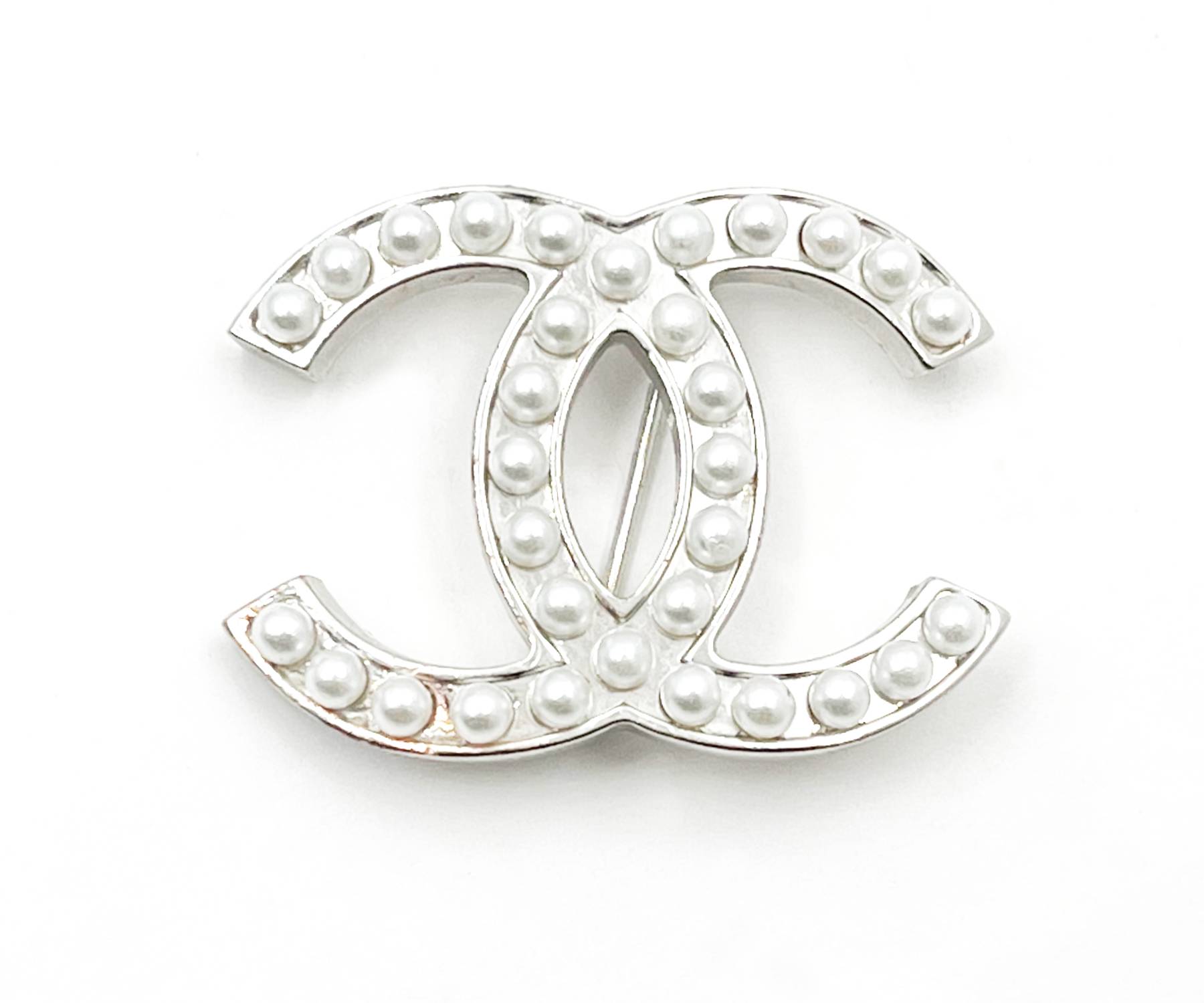 Chanel Classic Silver CC Pearl Brooch