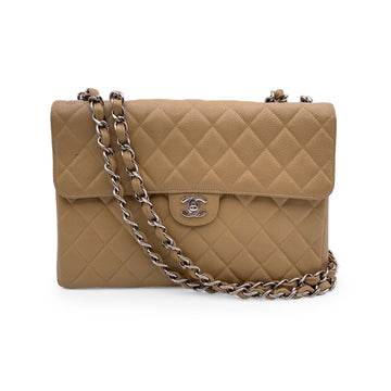 CHANEL Vintage Beige Quilted Caviar Jumbo Timeless Classic Flap Bag