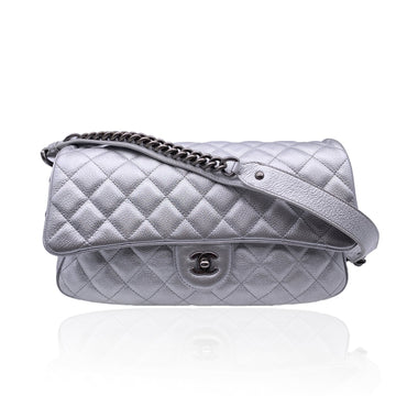 CHANEL Airline 2016 Silver Quilted Leather Easy Flap Shoulder Bag