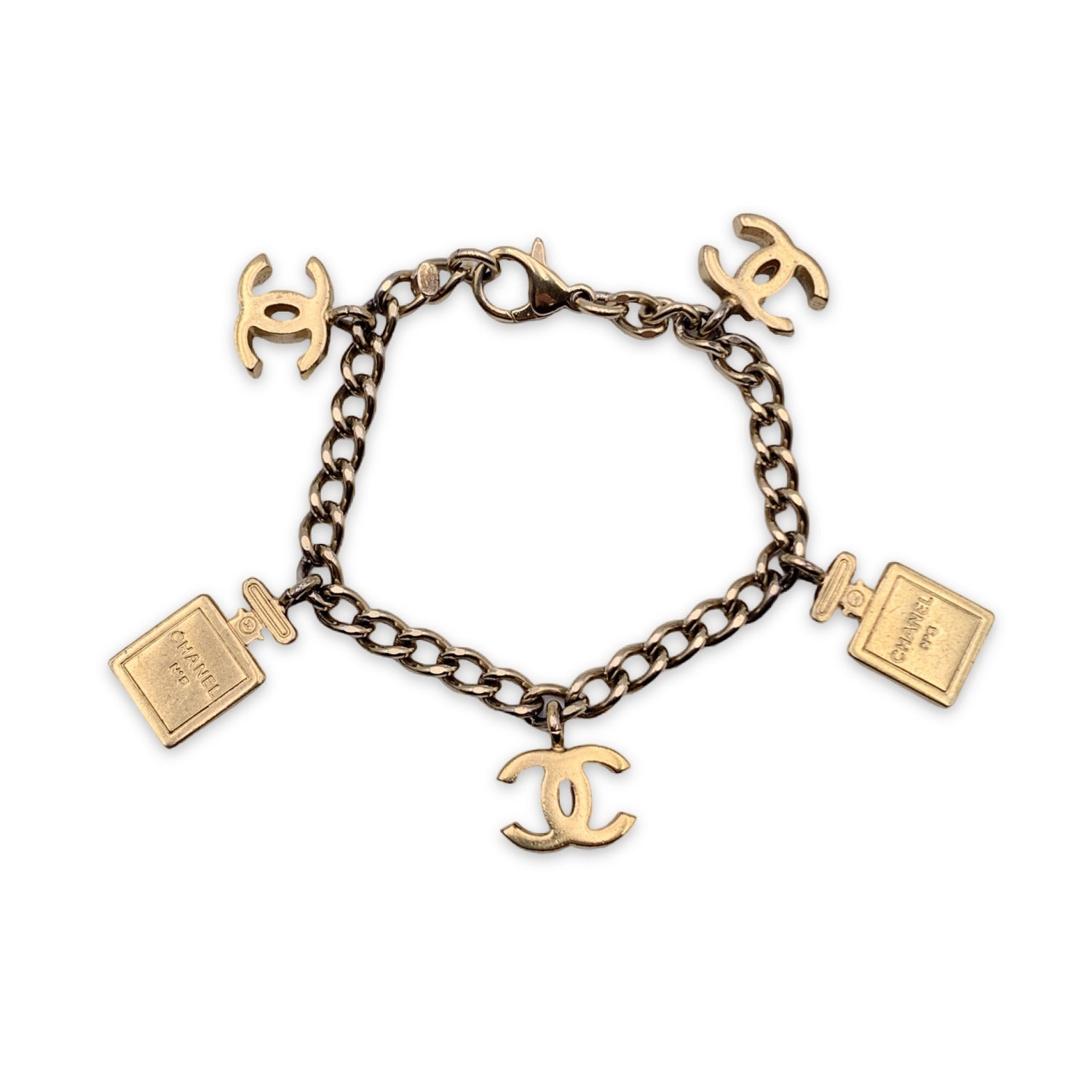 CHANEL Gold Metal Chain Logo Bracelet With Perfume Charms