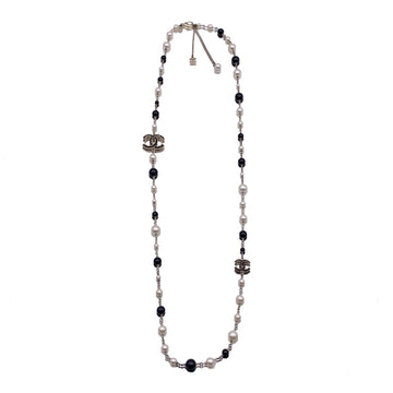 CHANEL Gold Metal Long Necklace Cc Logos Black And White Pearls