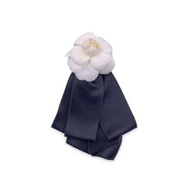 CHANEL Vintage Black And White Silk Camellia Camelia Bow Brooch