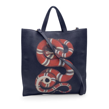 GUCCI Black Leather Kingsnake Snake Print Tote Bag With Strap