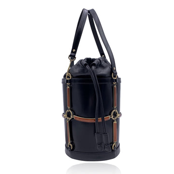 GUCCI Black Leather Enamel Cage Round Bucket Bag Tote Handbag