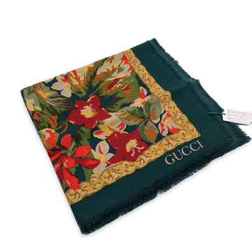 GUCCI Vintage Green Wool And Silk Large Shawl Maxi Scarf Floral