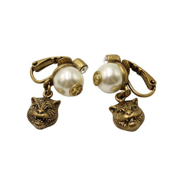 GUCCI Brass Clip-On Earrings With Faux Pearl And Tiger Head