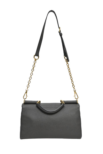 DOLCE & GABBANA Elephant grey grained leather Dauphine Miss Sicily top handle bag with detachable shoulder strap