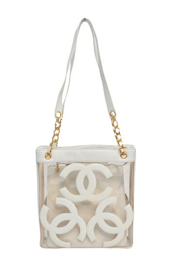 CHANEL White leather and clear PVC Triple CC tote