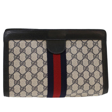 GUCCI GG Canvas Sherry Line Clutch Bag PVC Leather Navy Red Auth ep1288
