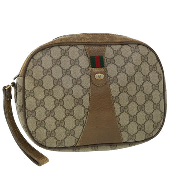 GUCCI GG Canvas Web Sherry Line Clutch Bag PVC Leather Beige Green Auth ep1670