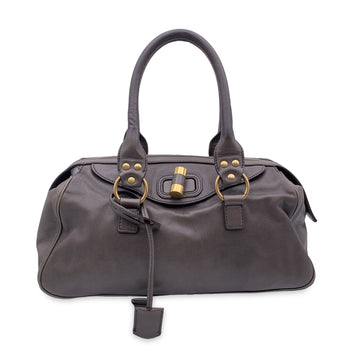 YVES SAINT LAURENT Grey Taupe Leather Muse Bowler Satchel Bag