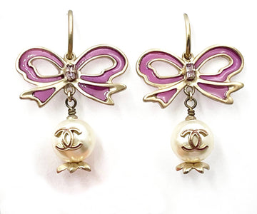 CHANEL Gold Fuchsia Ribbon Bow CC Pearl Dangle Hoop Earrings