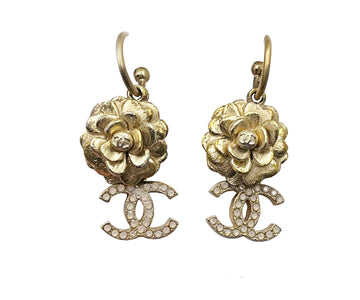 CHANEL Gold Camellia Flower CC Opal Crystal Dangle Piercing Earrings