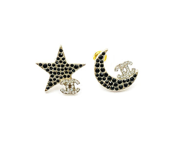 CHANEL Super Rare Star Moon Black Crystal CC Small Piercing Earrings
