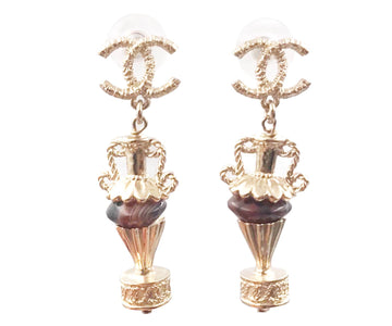 CHANEL Brand New Gold CC Brown Stone Amphora Piercing Earrings
