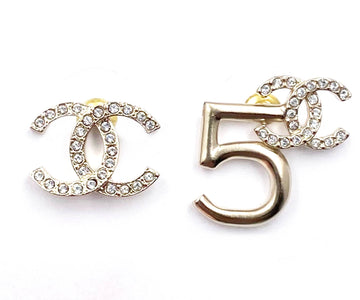 CHANEL Brand New Gold CC Crystal 5 Asymmetrical Piercing Earrings