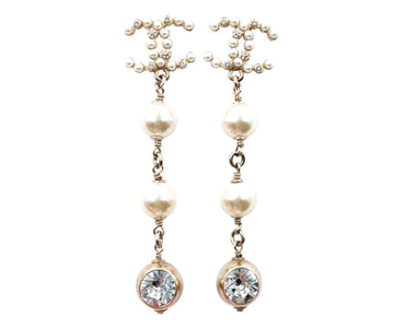 CHANEL Brand New Gold CC Pearl Crystal Long Dangle Piercing Earrings