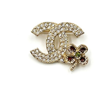 CHANEL Small Gold CC Crystal Red Corner Flower Small Brooch