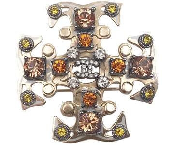 CHANEL Gold CC Peach Orange Mustard Silver Crystal Gothic Cross Brooch Pendant