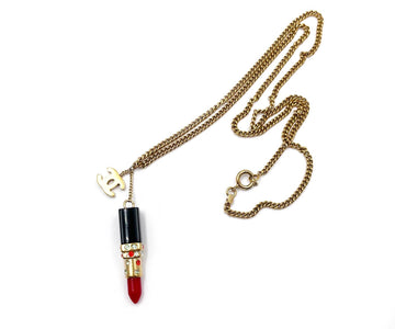CHANEL Rare Vintage Gold Plated CC Large Red Lipstick Pendant Necklace