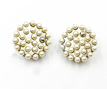 CHANEL Vintage Rare Light Gold CC Faux Pearl Round Clip on Earrings