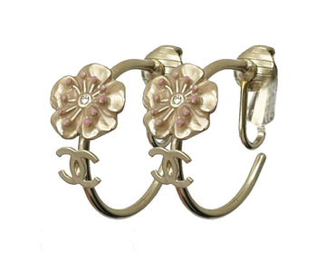 CHANEL Gold CC Pink Flower Hoop Clip on Earrings