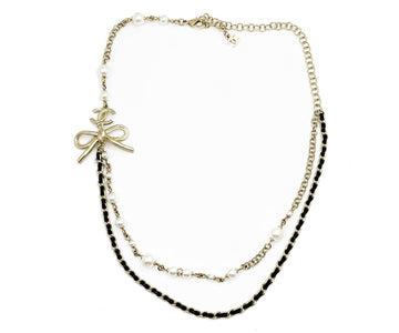 CHANEL Light Gold CC Ribbon Bow Pearl Leather Chain Short Necklace