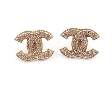 CHANEL Classic Gold CC Rim Frame Pink Crystal Piercing Earrings