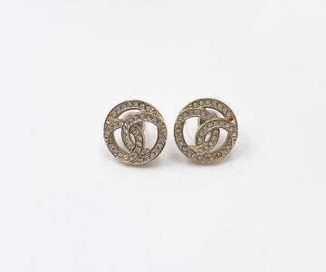 CHANEL Gold CC Round Crystal Piercing Earrings