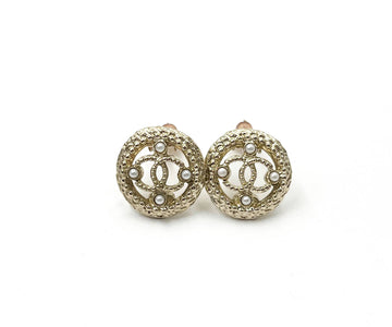CHANEL Gold CC Round Pearl Clip on Earrings