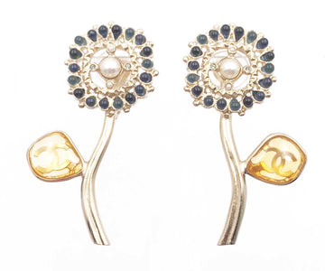CHANEL Brand New Gold CC Flower Blue Stone Stem Clip on Earrings