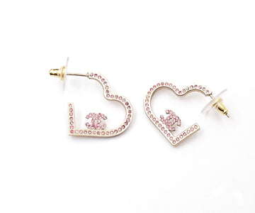 CHANEL Gold Heart Pink Crystal Piercing Earrings