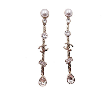 CHANEL Brand New Pearl Gold CC Rectangle Round Drop Dangle Long Piercing Earrings