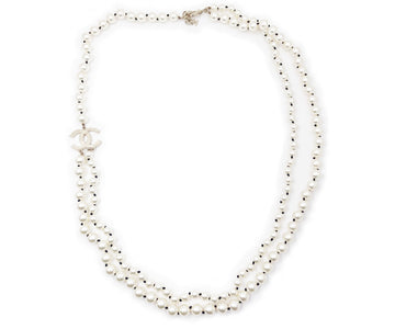 CHANEL Gold Scratchy CC 2 Strand Pearl Black Knot Necklace