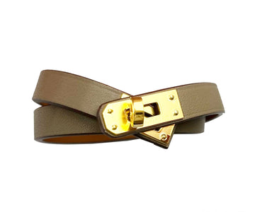 HERMES Brand New Gold Turnlock Taupe Mini Kelly Double Tour Bracelet