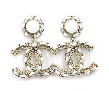 CHANEL Brand New Gold White Leather CC Dangle Reissued Piercing Earrings