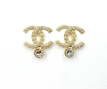 CHANEL Brand New Gold CC Crystal Bottom Crystal Piercing Earrings